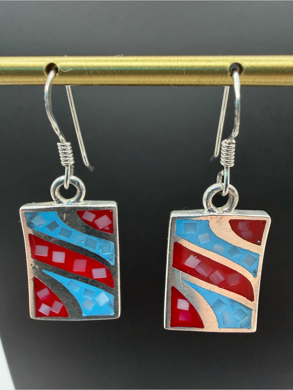 Silver Rectangle Dangle Earrings with Blue and Red Inlay